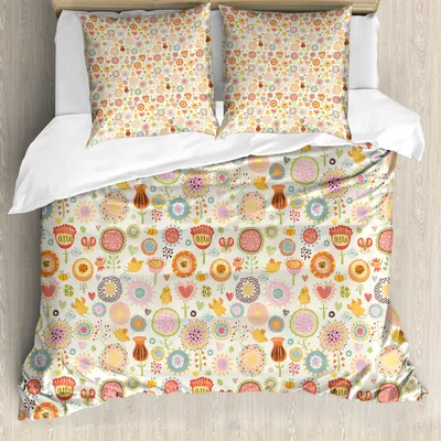 Immagine prodotto di Set copripiumino ABAKUHAUS, farfalle, uccelli e api con motivi floreali in stile doodle, 200 x 200 cm + 80 x 80 cm, multicolore