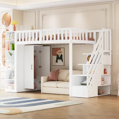 Produktbild von Hochbett 90x200 cm mit Kleiderschrank, Regalen & Stauraumtreppe, Ablagefächern, Rausfallschutz, Multifunktionsbett aus Massivholz, Weiß