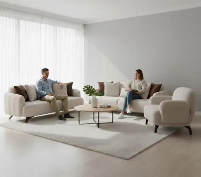Obrázek produktu pro Nábytek do obývacího pokoje, moderní styl, béžová barva, dřevěná konstrukce, pohodlný a relaxační