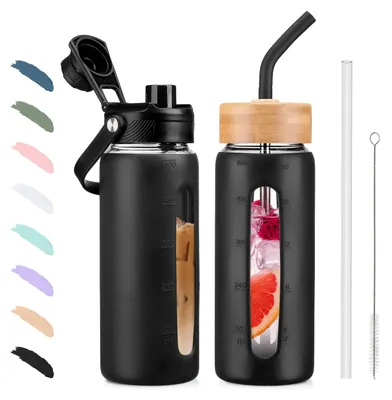 Produktbild von Glaswasserflasche 600ml mit Strohhalm und 2 Deckeln