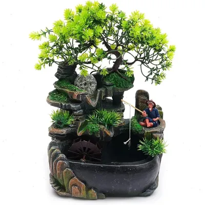 Produktbild von Zimmerbrunnen - Tischbrunnen - Fischer- & Felsdekor - LED-Beleuchtung - Leise Pumpe 220–240 V - Größe 20×15×30 cm - Harz & Kunststoff - Hellgrün