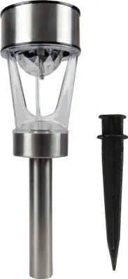 A solar garden light and its stake are shown against a white background.