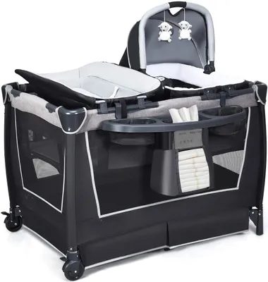 Produktbild von COSTWAY 4 in 1 klappbares Reisebett & Wickeltisch & Laufstall & Babywiege mit Schaukelfunktion, inkl. Babykorb, Wickelauflage, Matratze, Spieluhr, Spielzeug, Aufbewahrungsregal und Tragetasche Grau