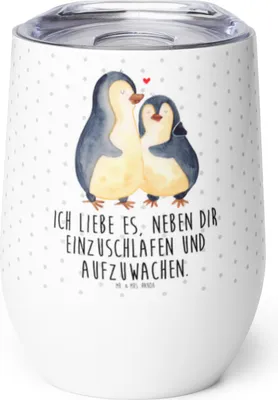 Produktbild von Mr. & Mrs. Panda Thermobecher Pinguine Einschlafen - Weiß - Geschenk, Thermo Becher, Valentinstag, Hochzeitstag, thermosbecher, für Frauen, Reisebecher, kaffee tasse