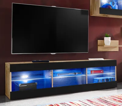 Produktbild von Komodee | Wohnwand Wohnzimmerset Tivoli Grande, Korpus Wotan Matt Frontfarbe Schwarz Matt, LED Blau