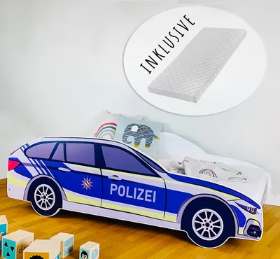 Produktbild von Autobett 80x160 cm Spielbett Kinderbett mit Matratze, Rausfallschutz und Lattenrost 160x80 cm Bett Kinder Polizei Auto Wagen