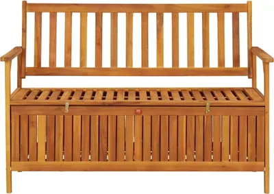 A wooden garden bench with storage.