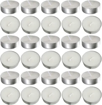Produktbild von Weiße Runde Teelichter aus Paraffin, 100 Stück für Hochzeit | Kompakt und Leicht zu Verstauen, Passend für Valentinstag und Weihnachten, Multifunktionale Minikerzen