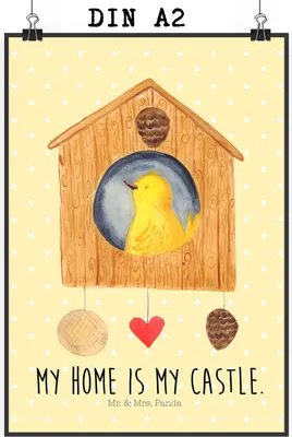 Produktbild von Mr. & Mrs. Panda Bild Vogel Haus DIN A2 - Gelb Pastell - Geschenk, drucke, Vögel, Familie, Zuhause, Deko Poster, Lustige Sprüche, Wohnung, Wandbild, Kunstdruck, wanddeko