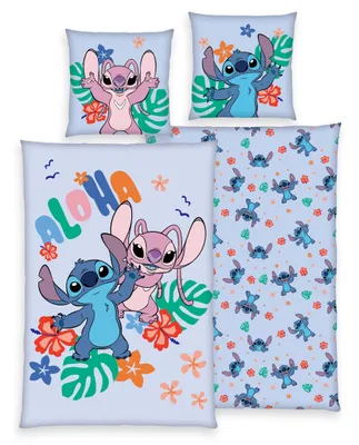 A collage of Disney Lilo & Stitch bedding items with a tropical theme.