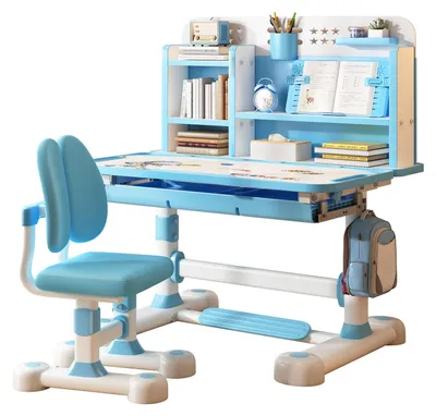 Produktbild von 2-teiliges Kinder-Schreibtisch-Stuhl-Set, höhenverstellbarer Kinder-Schreibtisch-Stuhl mit Sitzkorrektur, ergonomischer Schreibtischstuhl mit Buchablage, Fußpedal und Trennwand