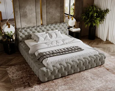 Obrázek produktu pro Čalouněná postel 140x200 Vigo – postel Chesterfield s velurovou látkou – glamour styl, úložný prostor, rošt – světle šedá