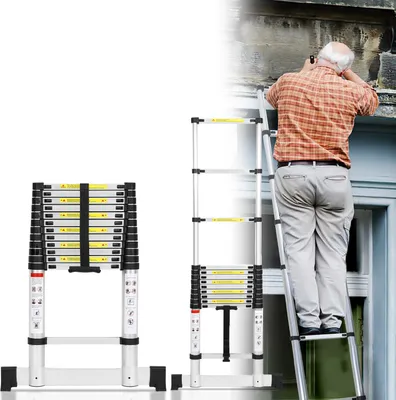 Produktbild von Bettizia Profi Teleskopleiter 5M Aluminium 150kg Tragkraft Mehrzweckleiter rutschfeste Gummifüße mit Stabilisator