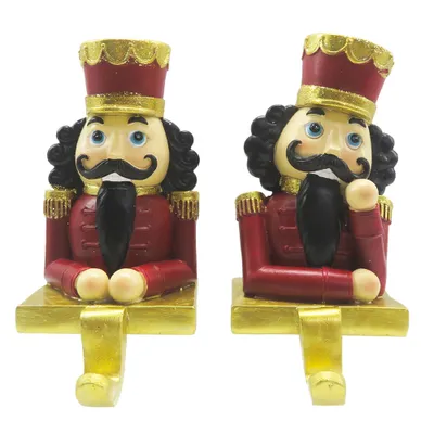 Produktbild von Clayre & Eef Gehäkelte Weihnachtssocken 2er-Set Nussknacker 12 cm Rot Goldfarbig Kunststoff