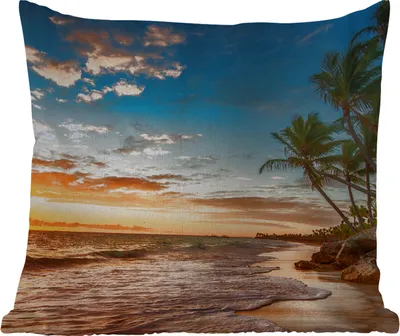 Produktbild von MuchoWow® Outdoor Kissen - Strand - Sonnenuntergang - Meer - Palme - 40x40 cm - Wetterfest - Lounge Kissen - Kopfkissen - Interieur - Polster mit Bild