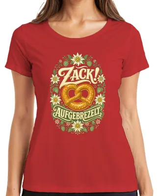 Produktbild von Zack! Aufgebrezelt Brezel Edelweiß Tracht Bayern Lederhose Dirndl Damen T-Shirt, Rot, S
