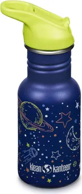 A blue Klean Kanteen water bottle with a space-themed design and a green flip-top lid.