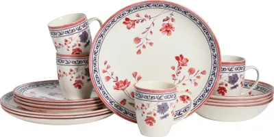 A set of dinnerware including plates, bowls, and mugs, arranged on a white background.