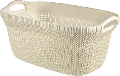 A cream-colored laundry basket with a woven texture and handles, isolated on a white background.