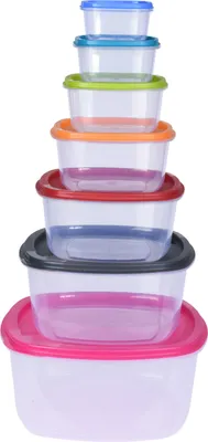 A stack of colorful plastic food storage containers with lids.