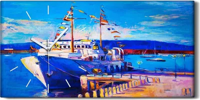 Produktbild von Wanduhr Uhr Wandbild Leinwand 60x30 Gemälde Hafen Meer Schiffe Himmel Kunst - weiße Hände