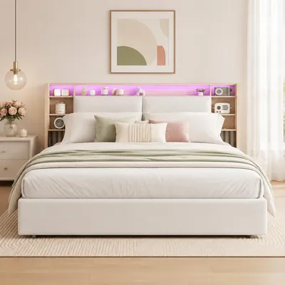 Image de Lit boxspring 160x200 cm avec éclairage LED, revêtement rembourré, tête de lit avec espace de rangement, lit double à plateau relevable hydraulique, lit pour adolescents avec coffre de rangement, couleur : blanc PU