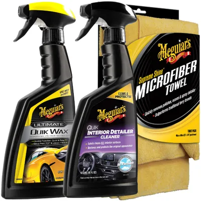 Produktbild von Meguiar's 3 Mikrofasertücher 40x60 cm + Innenraumreiniger & Sprühwachs 473 ml