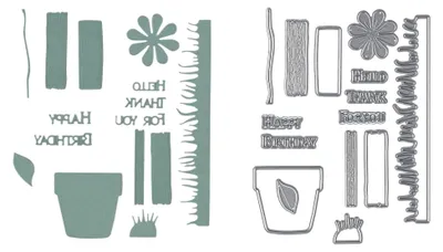 Produktbild von Stanz- und Prägeschablonen für Gras, Text, Blumen und Blumentopf - 15 Stanzformen von 2 x 2 cm bis 2,5 x 13,8 cm - Bastelzubehör für Stanzmaschinen, Kartenbasteln und Scrapbooking