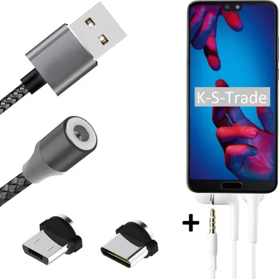 Produktbild von K-S-Trade® Hochwertiges Magnet-Lade-kabel Sync-Kabel Daten-Kabel + Kopfhörer für Huawei P20 mit USB-Typ-C-Anschluss und Micro-USB-Anschluss 2A bis