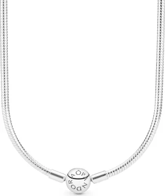 A silver Pandora necklace with a central clasp featuring the Pandora logo.
