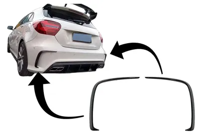 Productafbeelding van Achterbumperlip, zijschermen voor Mercedes A W176 (2012-2018), glanzend zwart.