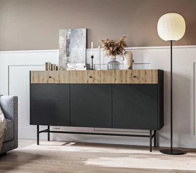 Produktbild von AX LIVING Kommode modern Dinley 155 cm Schwarz mit Eiche-Riffel-Fronten