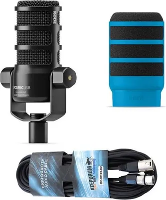 Produktbild von Rode Mikrofon Podmic USB mit WS14B Popschutz Blau und Kabel