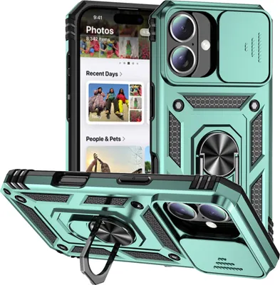Obrázek produktu pro Pouzdro pro iPhone 16 dvouvrstvé pouzdro s posuvným krytem kamery a prstencovým stojánkem zelené