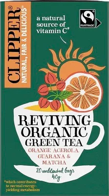 Obrázok produktu pre ZELENÝ ČAJ S ACEROLOU, GUARANOU A MATCHA "REVIVATION" FAIR TRADE(20 x 2 g) 40 g - CLIPPER