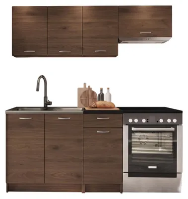 Produktbild von MIRJAN24 Küche Mela 180, Küchenzeile, 5 Schrank-Module frei kombinierbar, Küche-Set, Küchenmöbel (Nuss Elegant / Nuss Elegant + Schwarz, ohne Beleuchtung)