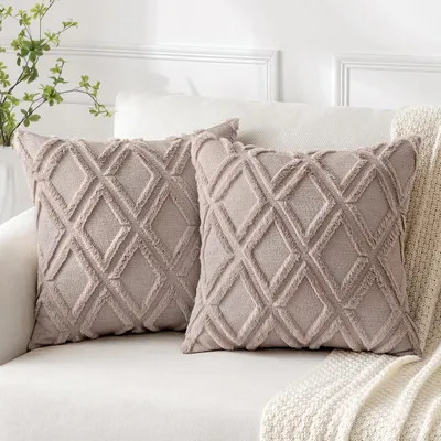 Produktbild von Set mit 2 Kissenbezügen, Dekokissen, Wollsamtkissen, Boho-Dekokissen, flauschige Sofakissen, Dekokissen für Sofa, Schlafzimmer, Wohnzimmer, 40 x 40 cm, sandfarben