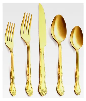 Produktbild von 30-teiliges Goldbesteck-Set aus Edelstahl mit satinierter Oberfläche, Gabeln, Löffel und Messer, Rosenmuster, für 6 Personen