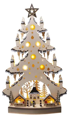 Imagen del producto de Árbol de Navidad de madera con luces LED y decoración, 23 LEDs, color natural, 64 cm, funciona con 2 pilas AA de 1V282