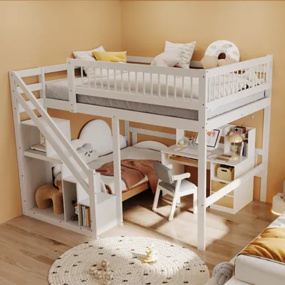 Image de OKWISH Lit Superposé 140x200 cm - Escalier avec Rangement - Blanc