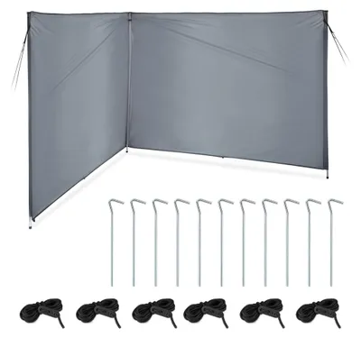 Produktbild von Relaxdays Windschutz, Sichtschutz Camping & Strand, HxB: 1,5 x 4 m, Stahlstangen, Polyester, mit Heringen & Seilen, grau