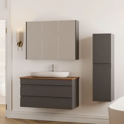 Produktbild von Badmöbel Set Lara Konsole 100 Walnuss | Keramik | Waschtisch | Spiegelschrank