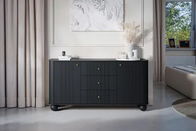 Zdjęcie produktu dla Komoda Z Szufladami Vesper 160 Cm Czarna Ryflowane Fronty Złote Uchwyty