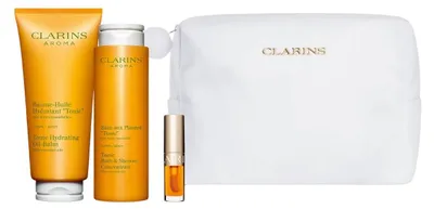 Produktbild von Set Clarins: Aroma Essential Oils Hydrating Body Oil 200 ml + Aroma Essential Oils Shower Gel All Over The Body 200 ml + Lip Confort Lip Oil 01 1.4 ml *Miniature + Clarins Zippered GWP Textile Pouch White