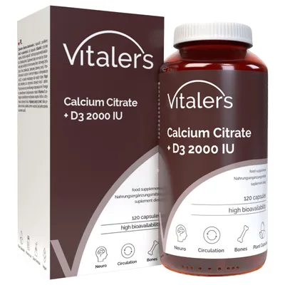 Produktbild von Vitaler's Calcium 120 mg + Vitamin D3 – 120 Kapseln, vegan, 2 Monate Nahrungsergänzung, keine Konservierungsstoffe, reine Zusammensetzung