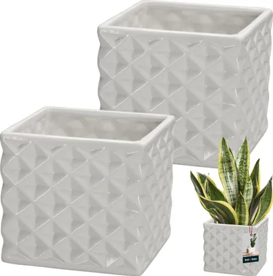 Produktbild von KOTARBAU® 2er Set Blumentopf Keramik glasiert Quadratisch Weiß 14 x 14 cm H 13 cm Übertöpfe für Zimmerpflanzen Orchideen & Sukkulenten Topf Pflanzen Töpfe Blumen Übertopf Blumentopf viereckig Piano Kollektion