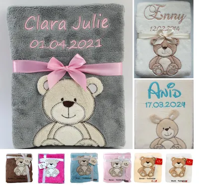 Produktbild von Personalisierte Babydecke 75x100 cm mit Namen & Datum – Bestickt – Motiv wählbar – Geschenk zur Geburt