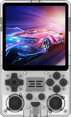 A transparent handheld gaming console displaying a racing car game on its screen.