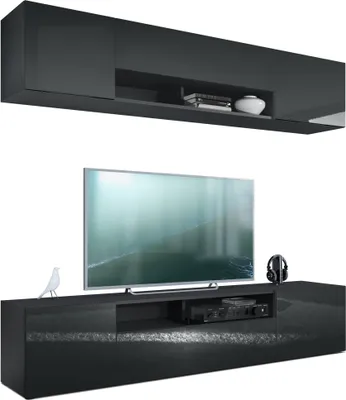 Produktbild von Vladon Wohnwand Mogan, Schwarz matt/Schwarz Hochglanz - Moderne Anbauwand bestehend aus 2 TV-Boards (181 x 147 x 35 cm)
