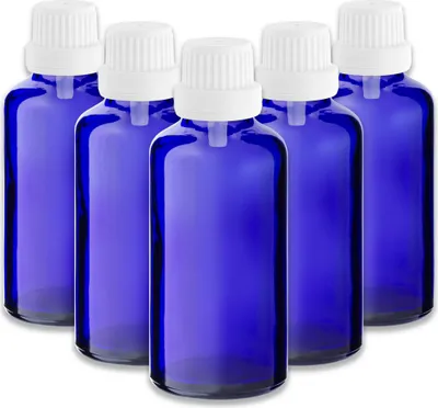 Produktbild von 5x Blaue Glasflasche 50 ml mit weißem Tropfeinsatz Tropfer Nachfüllbar
